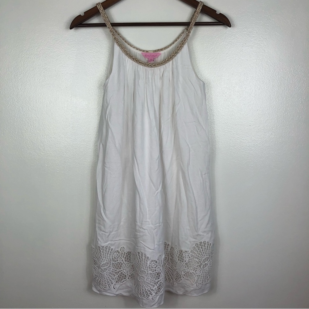 Lilly Pulitzer White Swing Dress Metallic Gold Braid and Lace XXS